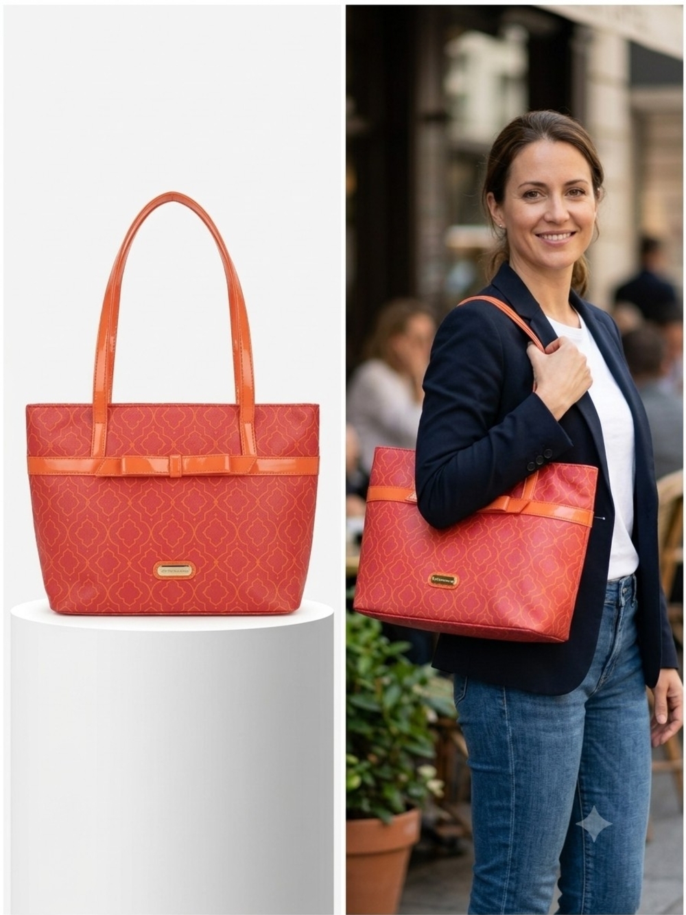 Orange Patterned Tote with Bow Accent